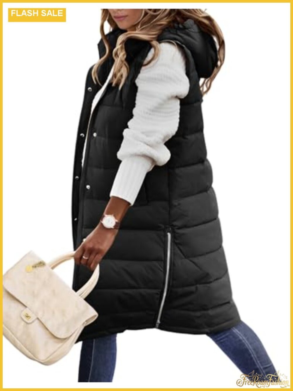 Long Puffer Vest Sleeveless Quilted Hooded Jacket Loose Fit